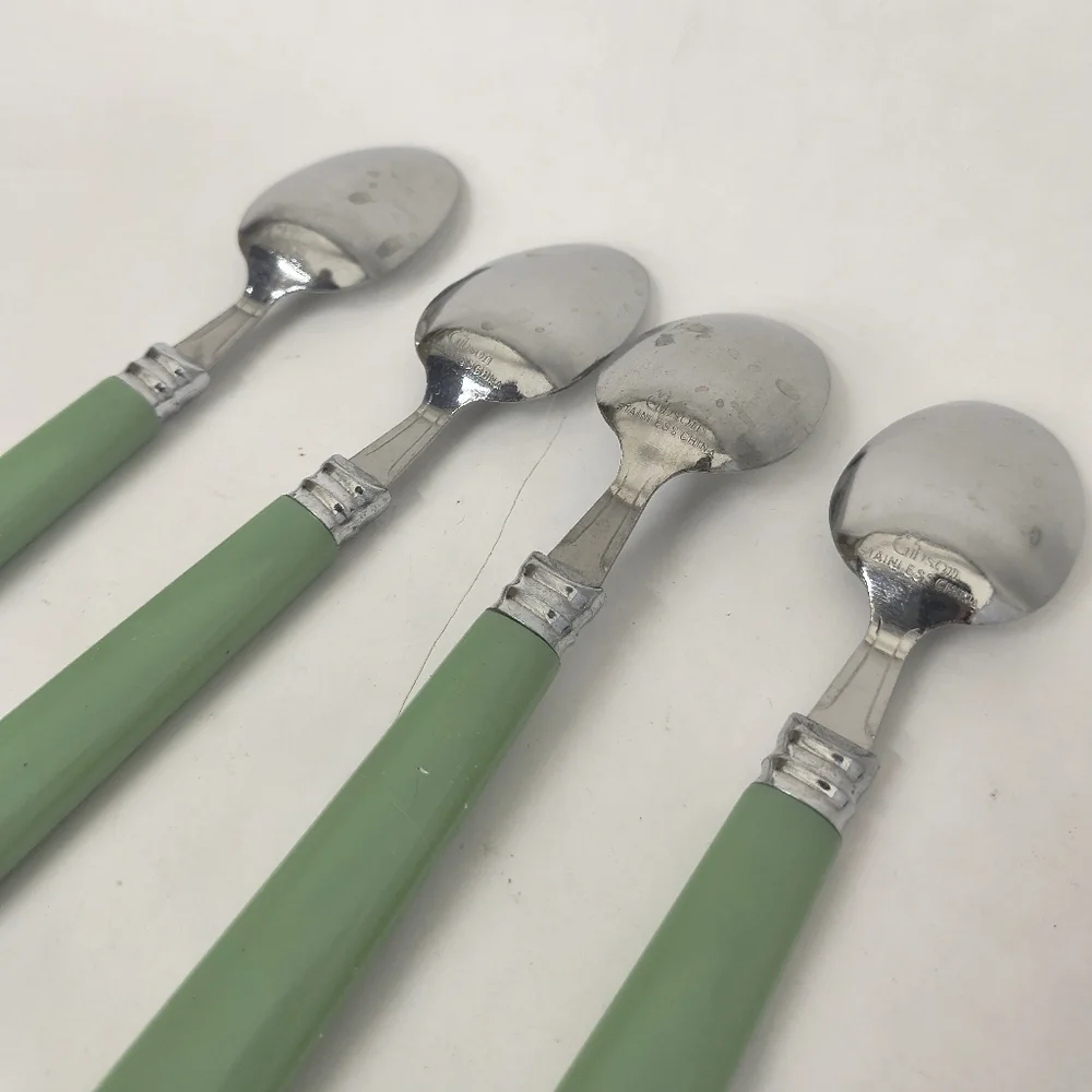 GIBSON Knives & Spoons Pastel Green Plastic Handle Stainless Steel Head Set Of 8